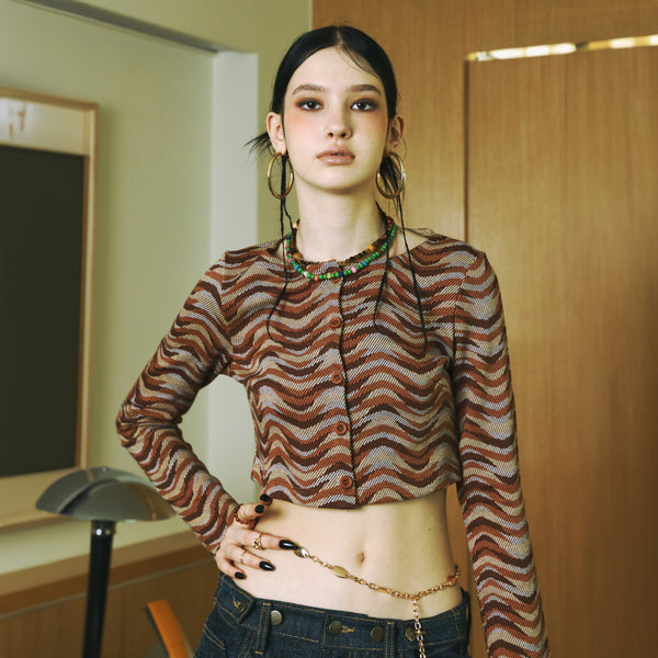 SETSETSET WAVE JACQUARD KNIT CARDIGAN BROWN