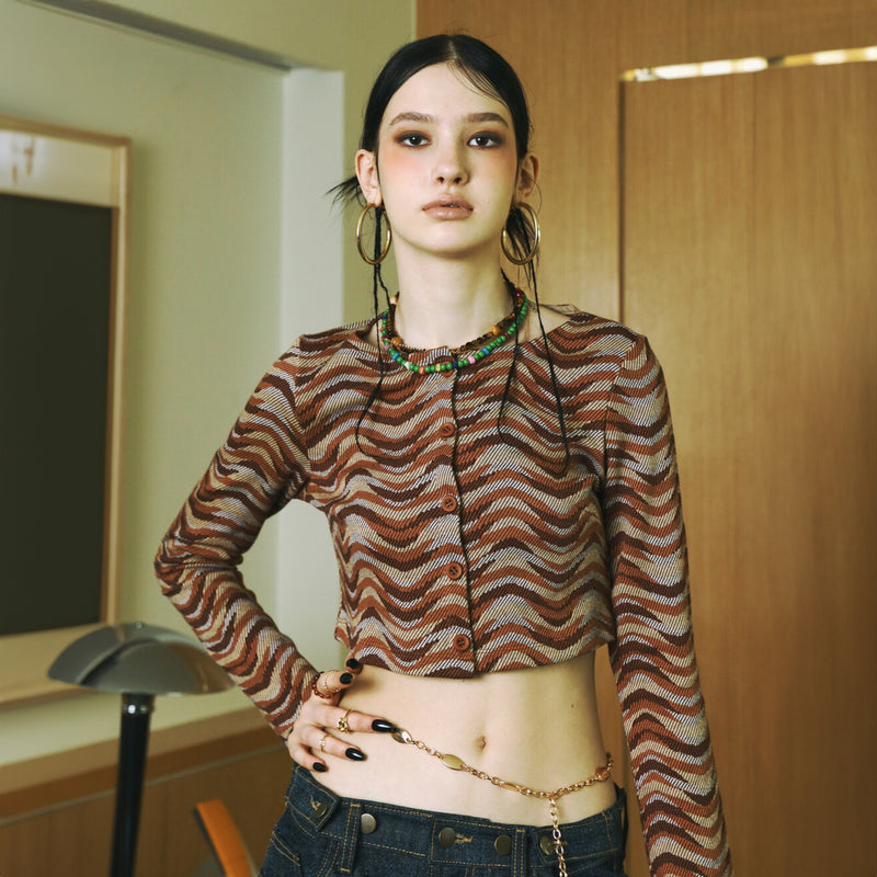 SETSETSET WAVE JACQUARD KNIT CARDIGAN BROWN