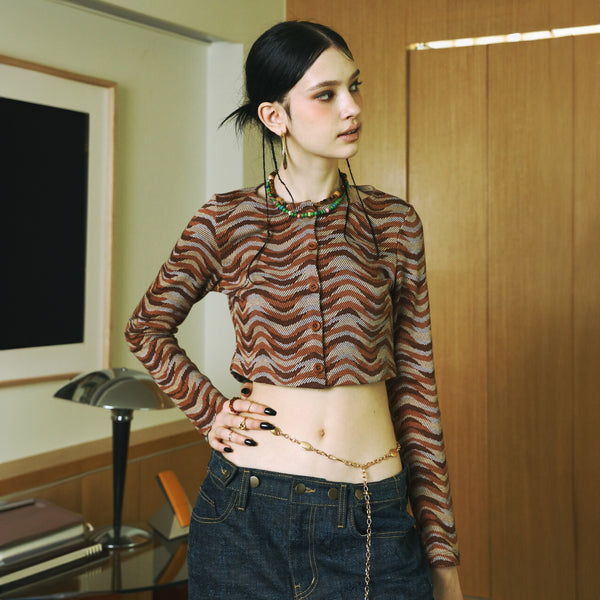 SETSETSET WAVE JACQUARD KNIT CARDIGAN BROWN