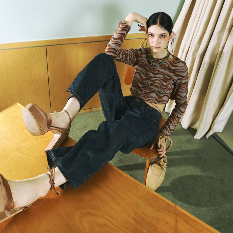 SETSETSET WAVE JACQUARD KNIT CARDIGAN BROWN