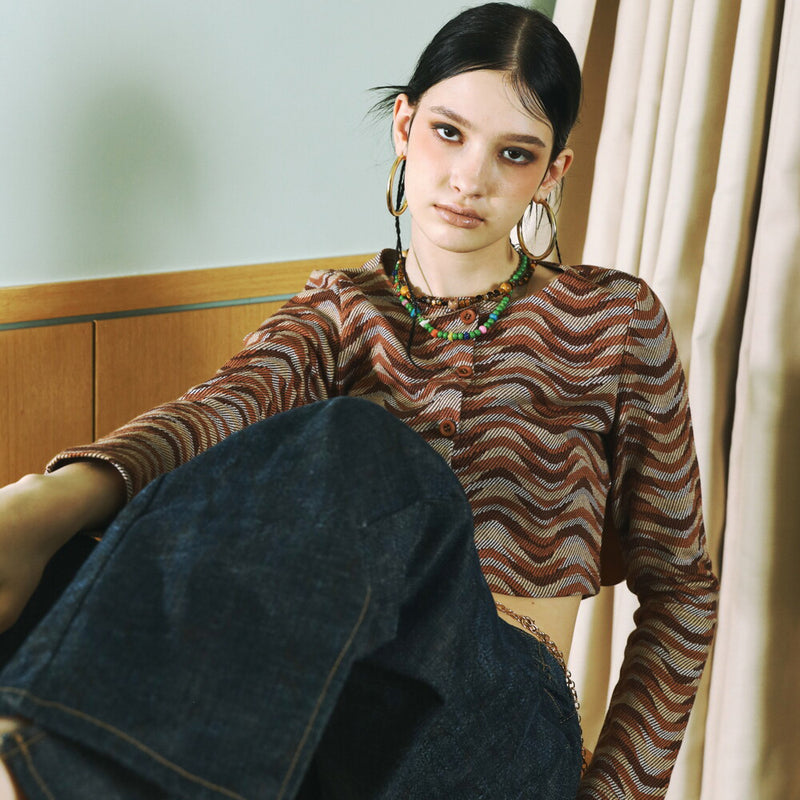 SETSETSET WAVE JACQUARD KNIT CARDIGAN BROWN