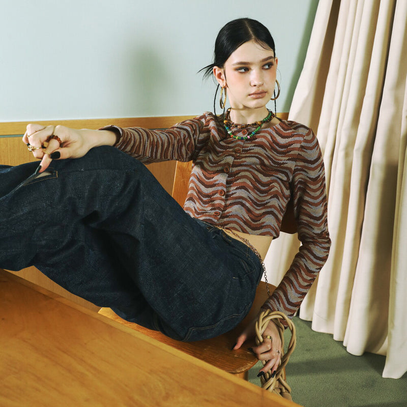 SETSETSET WAVE JACQUARD KNIT CARDIGAN BROWN