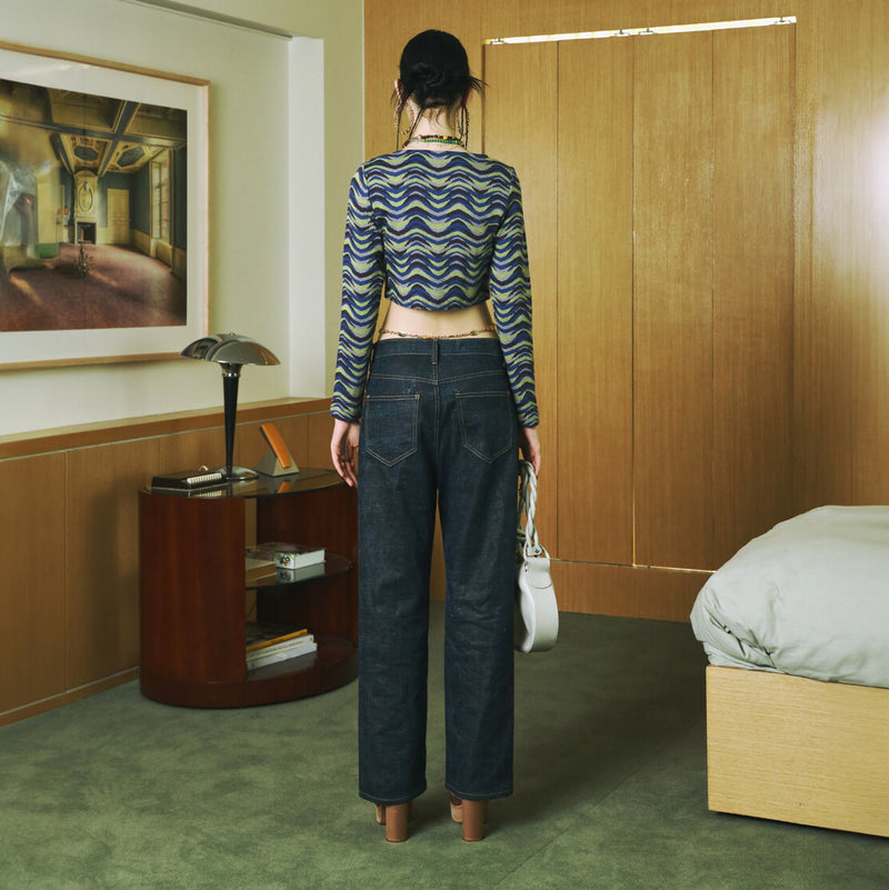 SETSETSET WAVE JACQUARD KNIT CARDIGAN BLUE