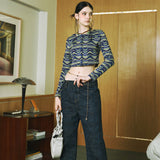 SETSETSET WAVE JACQUARD KNIT CARDIGAN BLUE