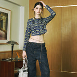 SETSETSET WAVE JACQUARD KNIT CARDIGAN BLUE