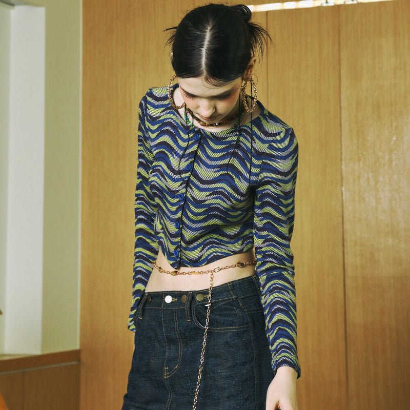SETSETSET WAVE JACQUARD KNIT CARDIGAN BLUE