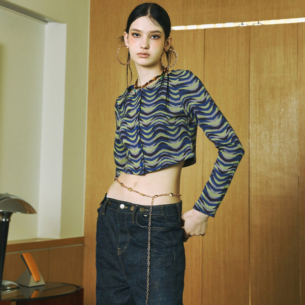 SETSETSET WAVE JACQUARD KNIT CARDIGAN BLUE