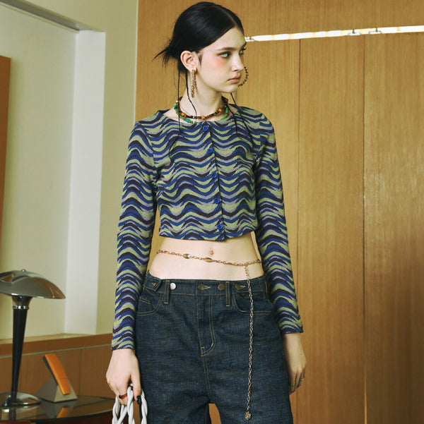SETSETSET WAVE JACQUARD KNIT CARDIGAN BLUE
