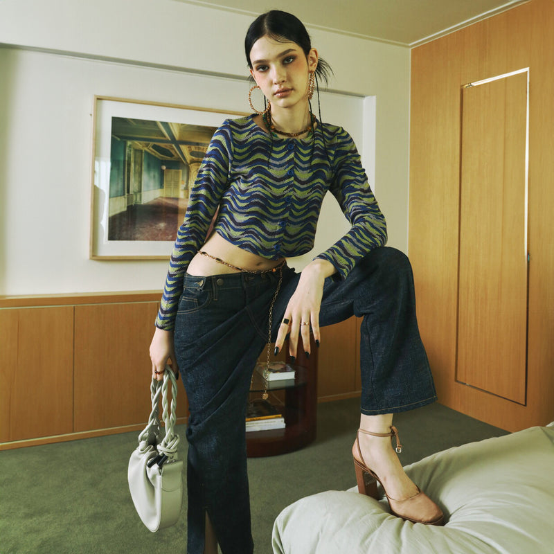 SETSETSET WAVE JACQUARD KNIT CARDIGAN BLUE