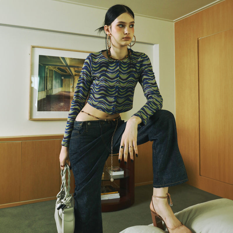 SETSETSET WAVE JACQUARD KNIT CARDIGAN BLUE