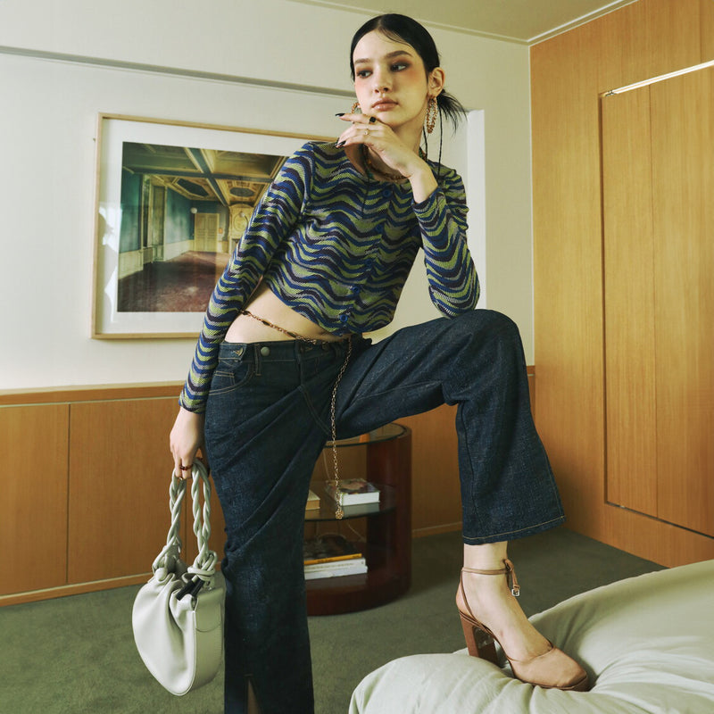 SETSETSET WAVE JACQUARD KNIT CARDIGAN BLUE
