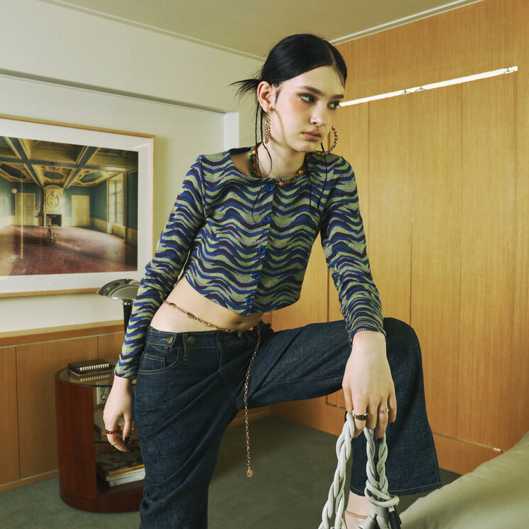 SETSETSET WAVE JACQUARD KNIT CARDIGAN BLUE