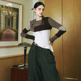 SETSETSET SIGNATURE CROSSOVER COLOR BLOCK CROP CARDIGAN BROWN