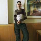 SETSETSET SIGNATURE CROSSOVER COLOR BLOCK CROP CARDIGAN BROWN