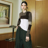 SETSETSET SIGNATURE CROSSOVER COLOR BLOCK CROP CARDIGAN BROWN
