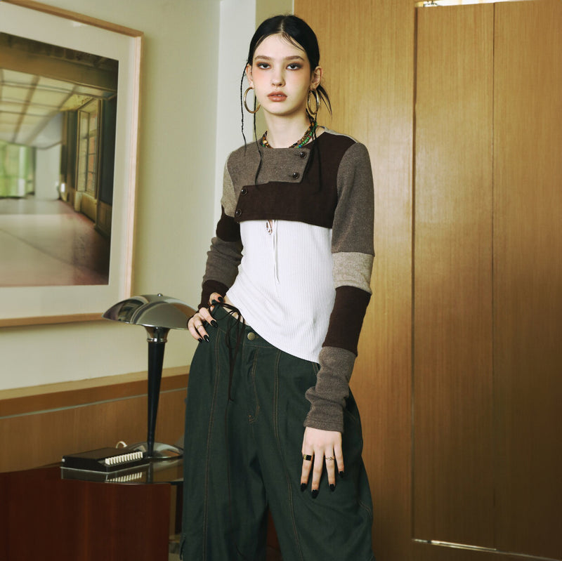 SETSETSET SIGNATURE CROSSOVER COLOR BLOCK CROP CARDIGAN BROWN