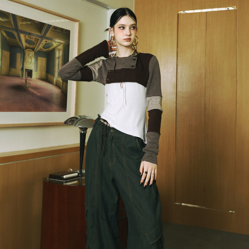 SETSETSET SIGNATURE CROSSOVER COLOR BLOCK CROP CARDIGAN BROWN