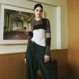 SETSETSET SIGNATURE CROSSOVER COLOR BLOCK CROP CARDIGAN BROWN