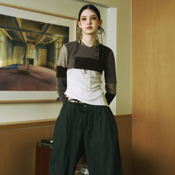 SETSETSET SIGNATURE CROSSOVER COLOR BLOCK CROP CARDIGAN BROWN
