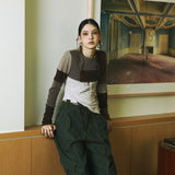 SETSETSET SIGNATURE CROSSOVER COLOR BLOCK CROP CARDIGAN BROWN