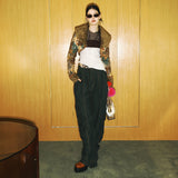 SETSETSET SIGNATURE CROSSOVER COLOR BLOCK CROP CARDIGAN BROWN