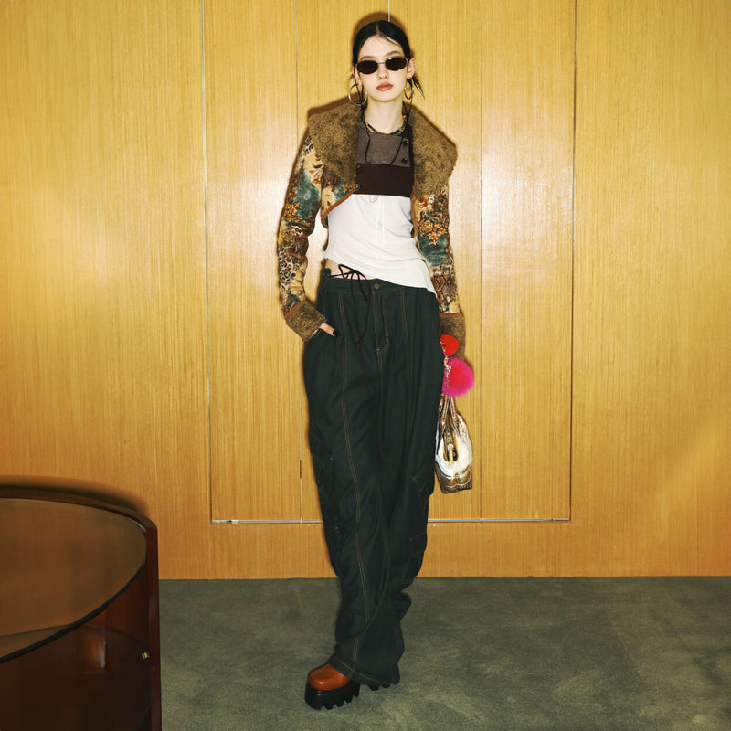 SETSETSET SIGNATURE CROSSOVER COLOR BLOCK CROP CARDIGAN BROWN