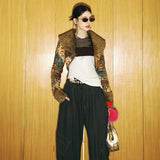SETSETSET SIGNATURE CROSSOVER COLOR BLOCK CROP CARDIGAN BROWN
