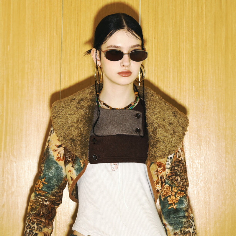 SETSETSET SIGNATURE CROSSOVER COLOR BLOCK CROP CARDIGAN BROWN