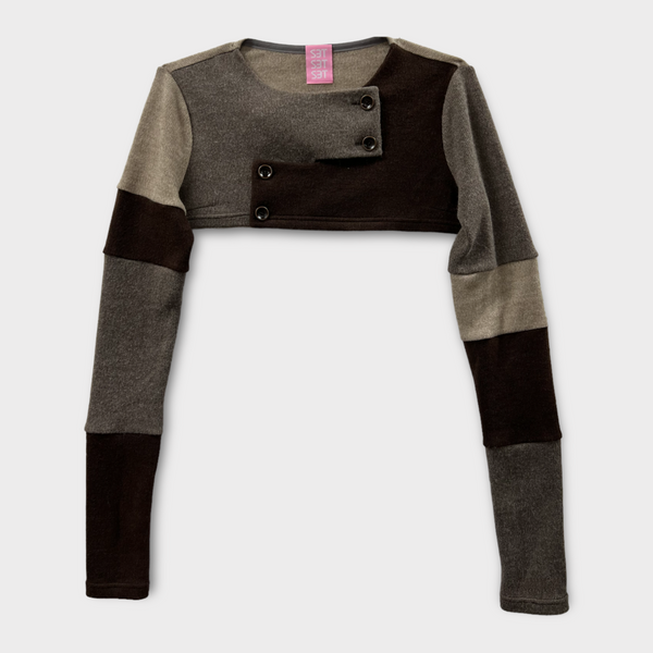 SETSETSET SIGNATURE CROSSOVER COLOR BLOCK CROP CARDIGAN BROWN