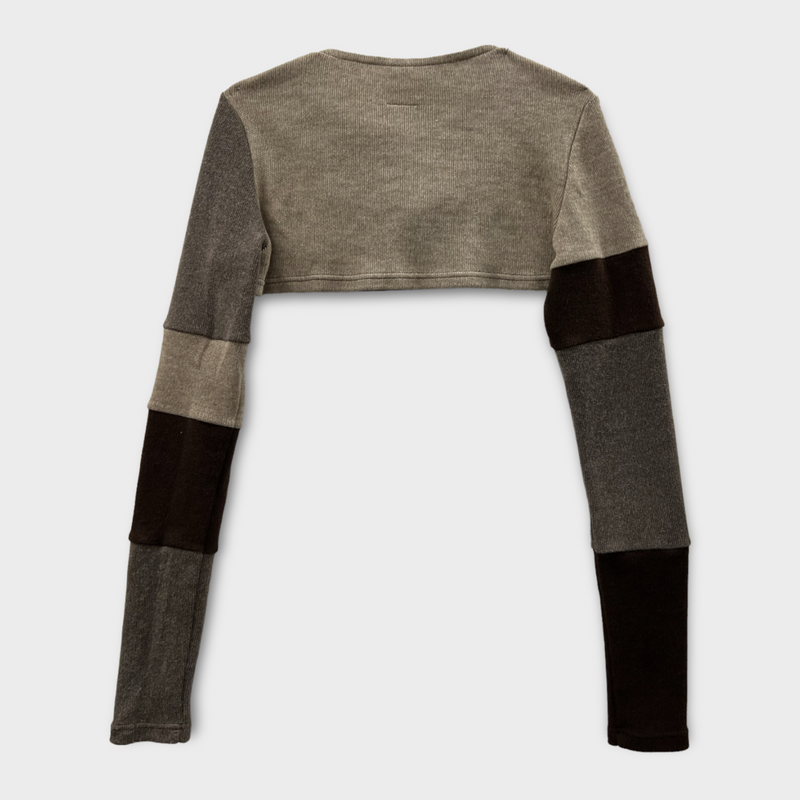 SETSETSET SIGNATURE CROSSOVER COLOR BLOCK CROP CARDIGAN BROWN
