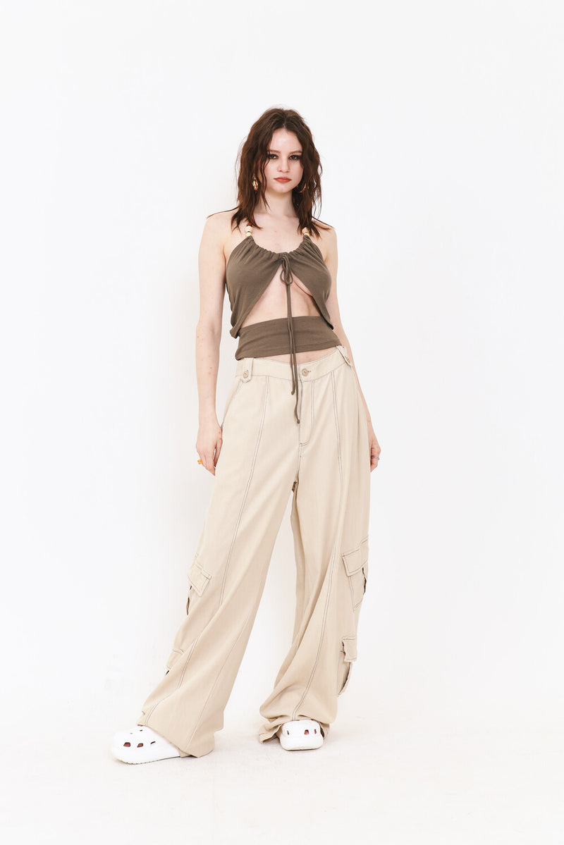 SETSETSET SUMMER COTTON CARGO PANTS BEIGE