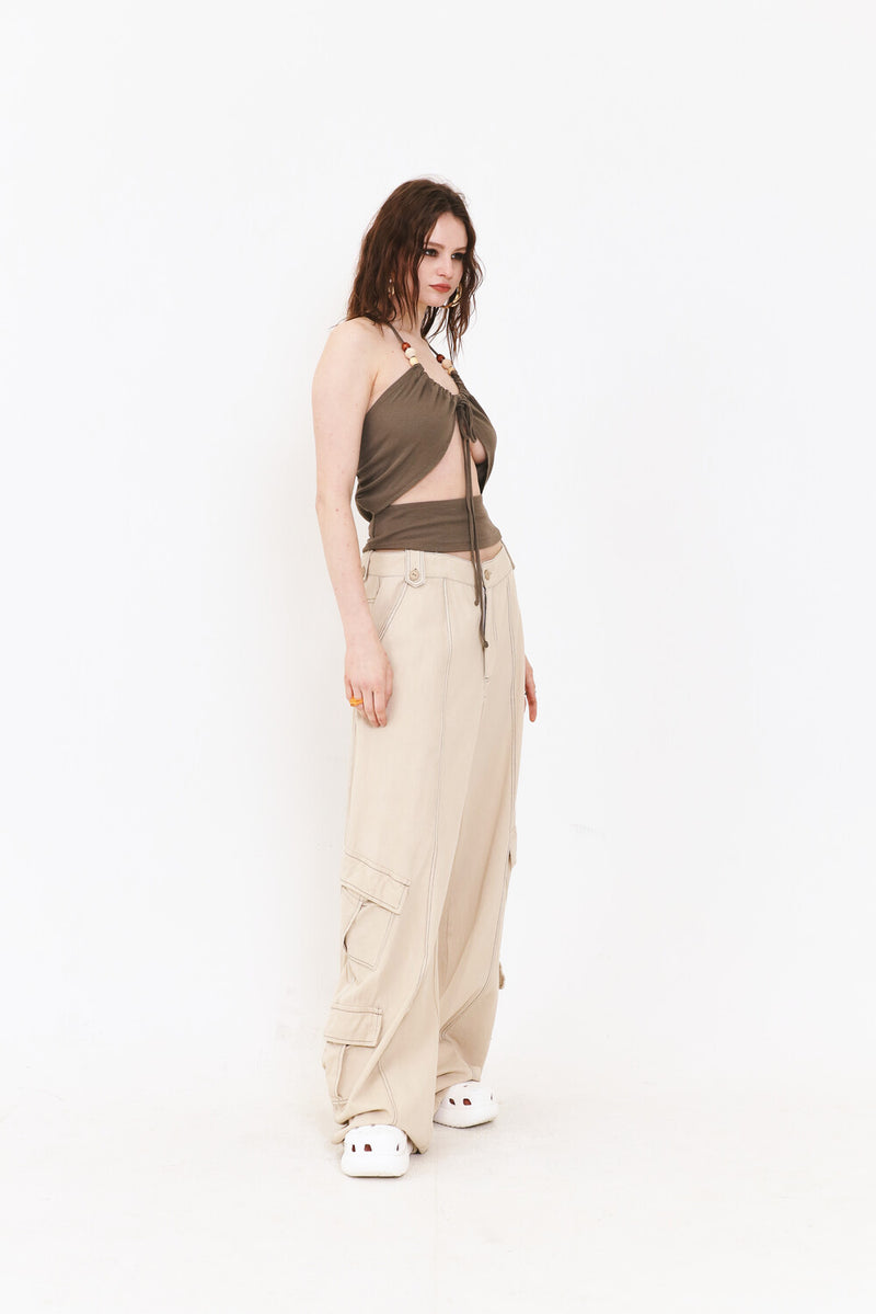 SETSETSET SUMMER COTTON CARGO PANTS BEIGE