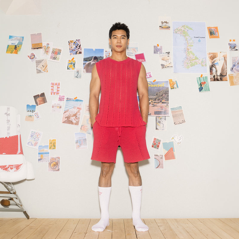 KOWLOON CITY BOY OPEN KNIT TANK FUCHSIA