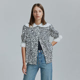 AVAVAV SHORT SLEEVE PLISSE COLLAR BLOUSE BLACK DOTS