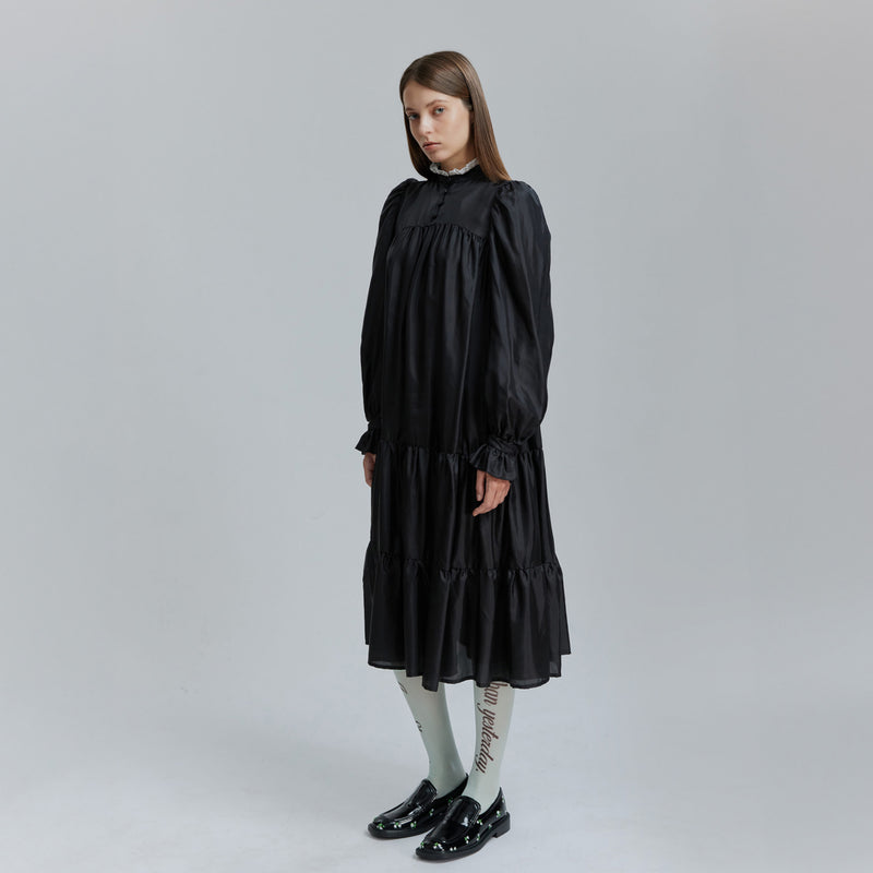 AVAVAV MIDI RUFFLE LACE COLLAR DRESS BLACK