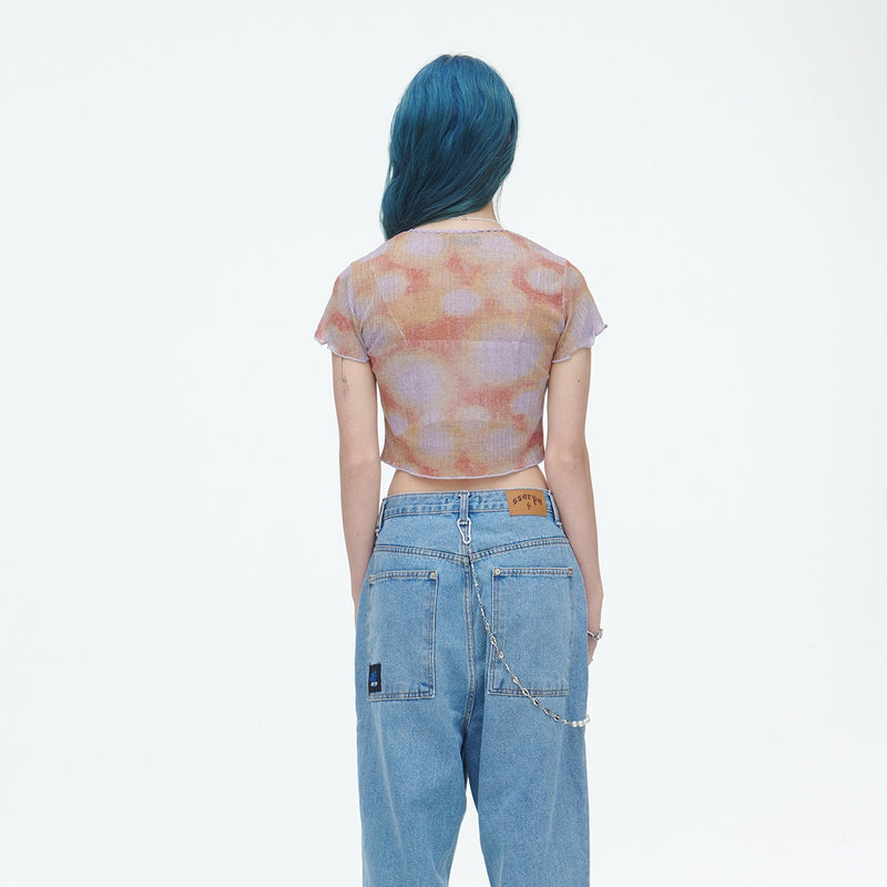 SSERPE WATER BUBBLE TIE-DYE CROP CARDIGAN PURPLE & ORANGE