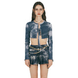 FAN YOUNG TIE DYE CROP CARDIGAN NAVY